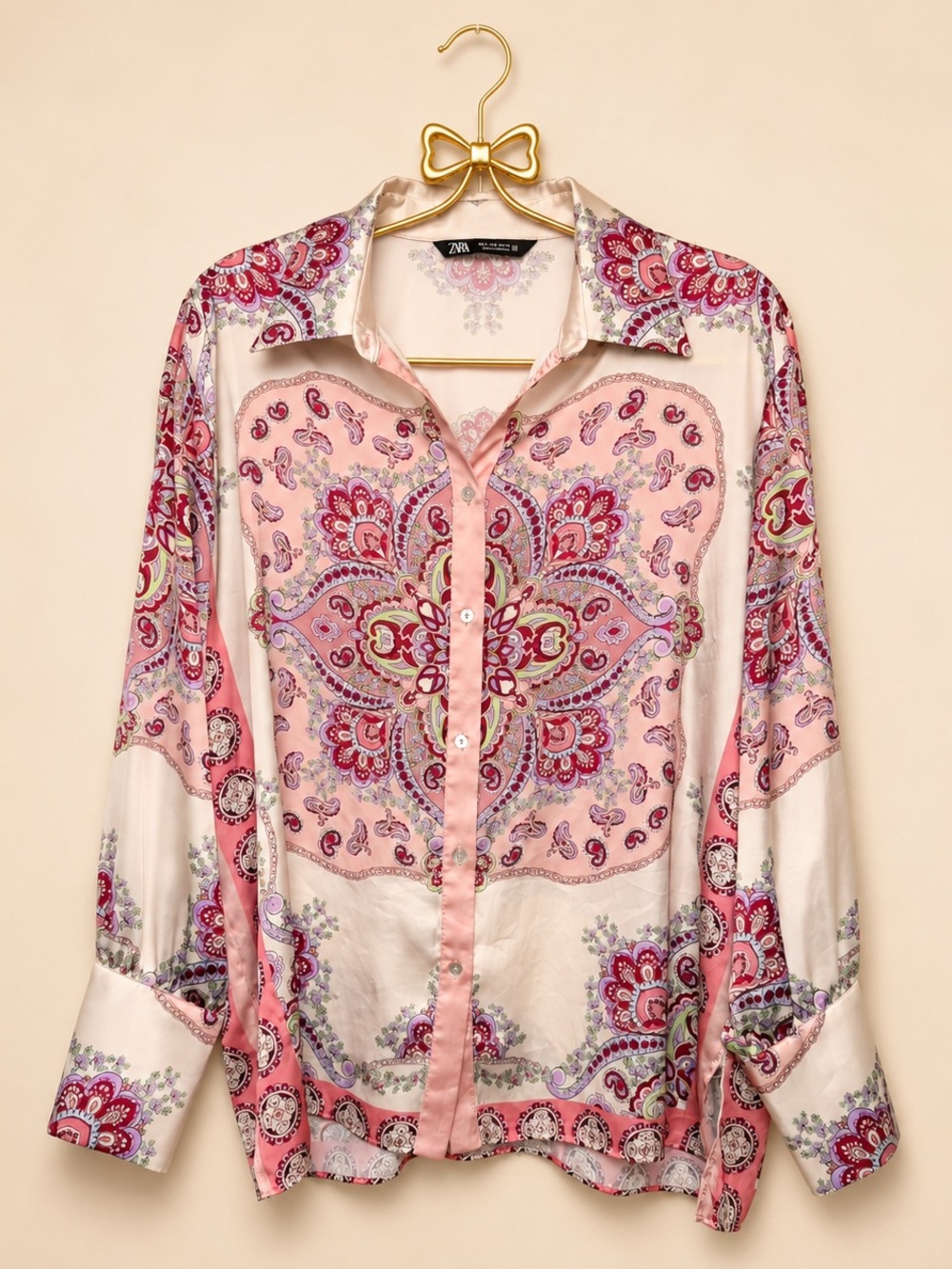 Zara Pink and Cream Paisley Satin Button-Down Shirt